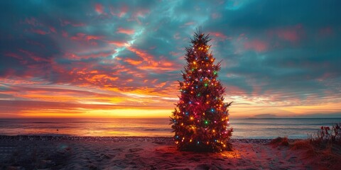 Poster - Christmas tree standing on sandy beach at sunset. Perfect for holiday greetings