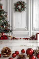 Poster - Festive Christmas scene with presents and a decorated tree. Perfect for holiday designs