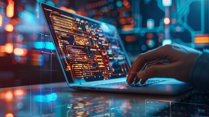 Coding programmer, software engineer on laptop with circuit board and javascript on virtual screen, internet of things concept.