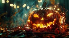 A Lighted Pumpkin Sitting On Top Of A Pile Of Leaves. Suitable For Autumn And Halloween Themes
