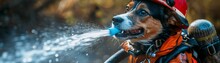 A Dog Donned In Firefighter Gear, Hose In Paw, Spraying A Bright Blue Stream Of Water