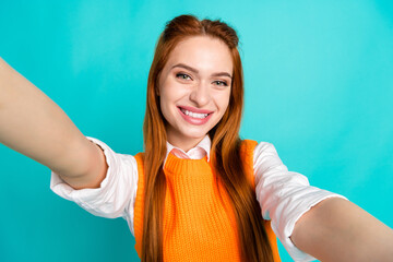 Canvas Print - Photo portrait of pretty young girl take selfie photo toothy smile wear trendy orange knitwear outfit isolated on cyan color background