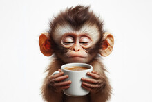 Sleepy Monkey Holding Cup Of Coffee Isolated Solid White Background