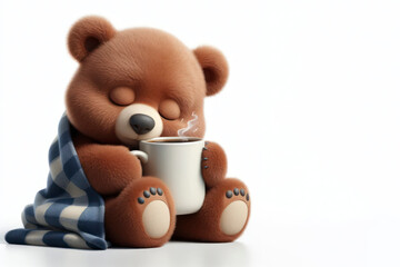 Wall Mural - sleepy bear holding cup of coffee isolated on solid white background