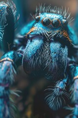 Canvas Print - Close-up shot of a blue spider on a plant. Ideal for nature and wildlife concepts