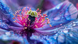 A macro image of a blue and purple poppy flower with water droplets on the petals.