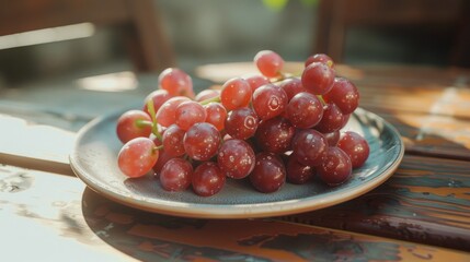 Wall Mural - A plate of red grapes on a table. Suitable for food and nutrition concepts