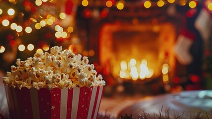 Poster - A bowl of popcorn in front of a festive Christmas tree. Perfect for holiday celebrations