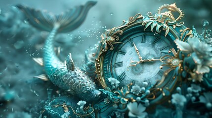 Celestial Mermaid-Shaped Antique Clock Floating in Shimmering Aquamarine Realm