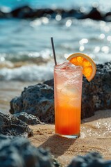 Sticker - Refreshing drink on a sandy beach, perfect for travel and vacation concepts