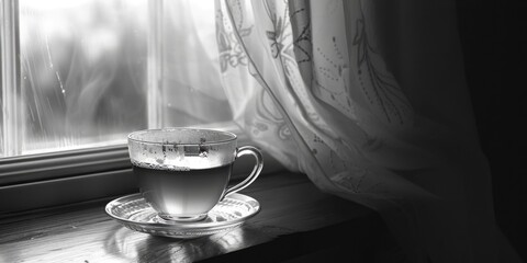 Poster - A cup of tea sitting on a window sill, suitable for various cozy and relaxing concepts