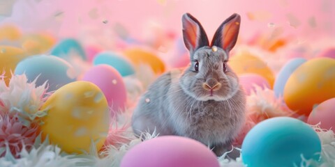 Canvas Print - A cute rabbit sitting among colorful Easter eggs. Perfect for Easter-themed designs