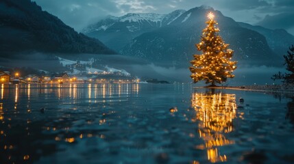 Canvas Print - A festive Christmas tree standing in the middle of a serene lake. Perfect for holiday-themed designs