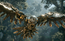 A Mechanical Eagle With Golden Feathers, Soaring In The Sky, Has An Extremely Delicate And Complex Structure, Full Of High-tech Future Elements