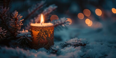 Sticker - A lit candle sitting on top of a snow covered ground. Suitable for winter and holiday concepts