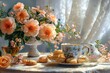 Cup of coffee and bouquet of flowers on table, perfect for home decor