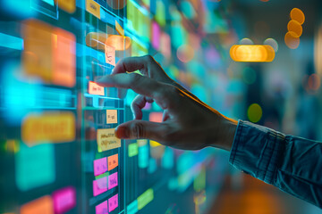 A close-up of a person's hands using a digital whiteboard app for brainstorming ideas. a person is touching a screen with sticky notes on it