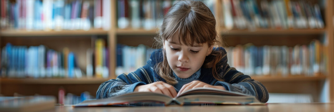 Young Girl Engrossed in Reading a Book at the Library