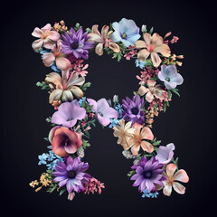 Wall Mural - Beautiful floral alphabet isolated on black background. Letter R. Floral font.