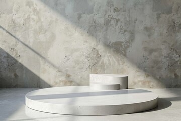 Sticker - Podium in front of a distressed wall with natural lighting - A pair of modern white podiums against a distressed wall with light and shadow play, showcasing a stark contrast and texture