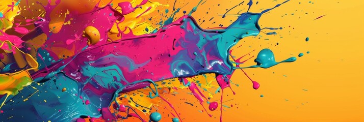 Wall Mural - Vivid paint splatter with blue and pink hues - A striking image featuring a dramatic splatter of neon blue and pink paints against a yellow background