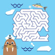 Maze game Labyrinth Walrus vector illustration. Colorful puzzle for kids