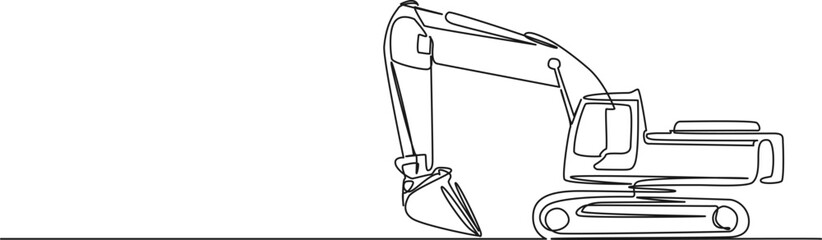 continuous single line drawing of excavator, line art vector illustration