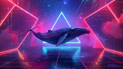 Wall Mural - BEAUTIFUL WHALE with a retro neon triangle background in high resolution and high quality