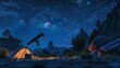 Starry night camping with illuminated tent and telescope under cosmic sky