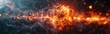 Subatomic particle motion abstract banner: digital illustration of dynamic atoms and electrons motion in micro and nano universe. Panoramic background