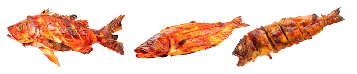 Wall Mural - Set of grilled fishes isolated on a white or transparent background. Fried fishes close-up, top view. Graphic design element on the theme of grilling.