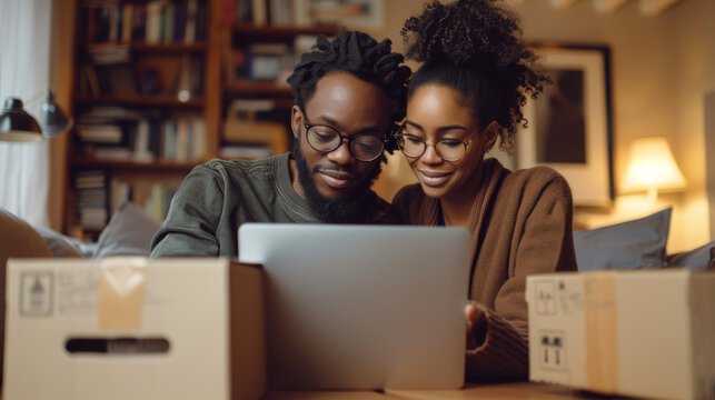 Portrait of happy couple looking at laptop computer together sitting in new house, surrounded with boxes.