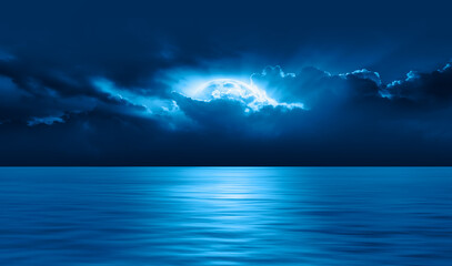 Aufkleber - Night sky with blue moon in the clouds over the calm blue sea, many sytars in the background  