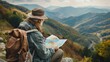 © doraclub - Solo traveler senior man with backpack reading map in autumn mountains, concept of adventure and exploration.