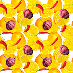 Wall Mural - Garlic, chili pepper and lemon. Seamless pattern for prints on wallpaper, textiles, diy, scrapbooking for packaging. For kitchen and restaurant, cook and recipe book. Cottagecore and farmhouse design