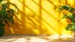Vibrant tropical palm leaves casting shadows on a bright yellow wall, embodying summer vibes and the joy of sunny days. Ideal for background or design use. AI
