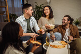 Fototapeta Panele - Multiracial group of friends having pizza party.