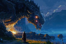 Illustrate The Intense Emotions Of A Protagonist Encountering A Mythical Creature In A Historically Accurate Landscape Through A Blend Of Pixel Art And Dramatic Lighting In A Digital Rendering