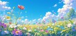 A vibrant meadow with colorful wildflowers, including daisies and poppies in full bloom under the clear blue sky. 