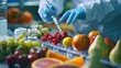 Scientist check chemical food residues in laboratory. Control experts inspect quality of fruits, vegetables. lab, hazards, ROHs, find prohibited substances, contaminate, Microscope, generate by AI