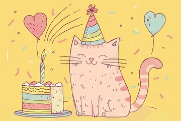 adorable pink cat with rainbow hat celebrating birthday near cake yellow background cute doodle illustration