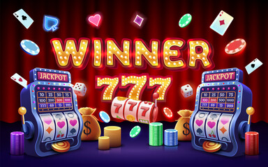 Wall Mural - Winner slots machine casino, jackpot fortune, win banner. Vector illustration