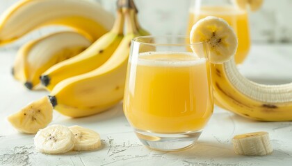 Wall Mural - Photo of drinks on a white background including banana juice in a glass