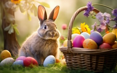 Wall Mural - Rabbit with Easter eggs in a sunny meadow