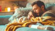 man take care of little ill daughter. Sick child lying on bed under blanket, with worried. single dad taking care of sick daughter at home. child has a high fever. covers on the couch and ill