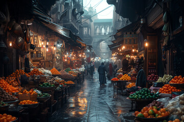 A picturesque view of a bustling street market in a foreign city.Market full of natural foods on a rainy day in the city