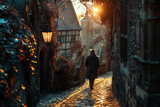 Fototapeta Fototapeta uliczki - A traveler wandering through narrow alleyways of a historic medieval town. Man strolling on cobblestone road in citys dark streets
