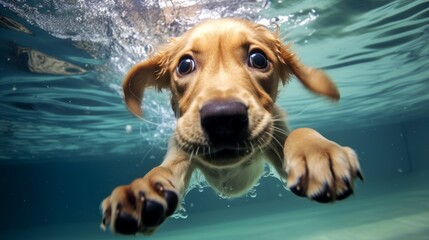 Wall Mural - Funny underwater picture of puppies in swimming pool playing deep dive action training game with family pets and popular dog breeds during summer holidays. recreation, relax, generate by AI