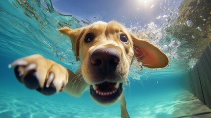 Wall Mural - Funny underwater picture of puppies in swimming pool playing deep dive action training game with family pets and popular dog breeds during summer holidays. recreation, relax, generate by AI