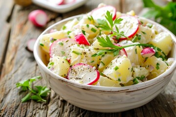 Wall Mural - Potato salad with radishes in a white bowl on a wooden table